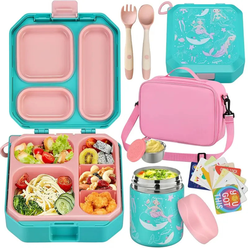 Kids Bento Lunch Box Set – 5-Compartment Leak-Proof Food Container with 12oz Insulated Food Jar & Lunch Bag, Portable School Meal Set for Boys & Girls