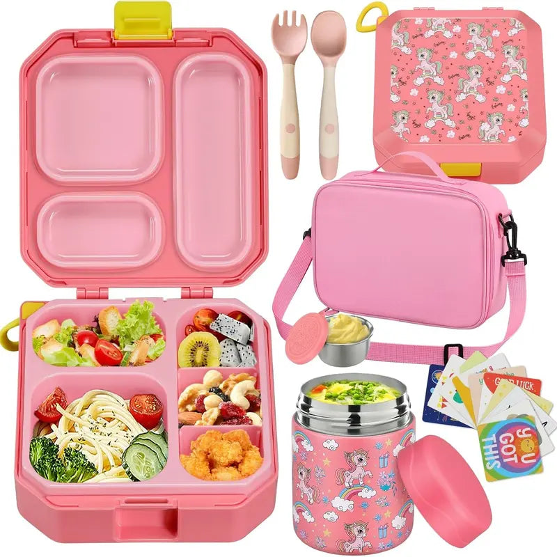 Kids Bento Lunch Box Set – 5-Compartment Leak-Proof Food Container with 12oz Insulated Food Jar & Lunch Bag, Portable School Meal Set for Boys & Girls