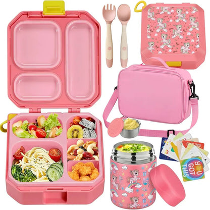 Kids Bento Lunch Box Set – 5-Compartment Leak-Proof Food Container with 12oz Insulated Food Jar & Lunch Bag, Portable School Meal Set for Boys & Girls