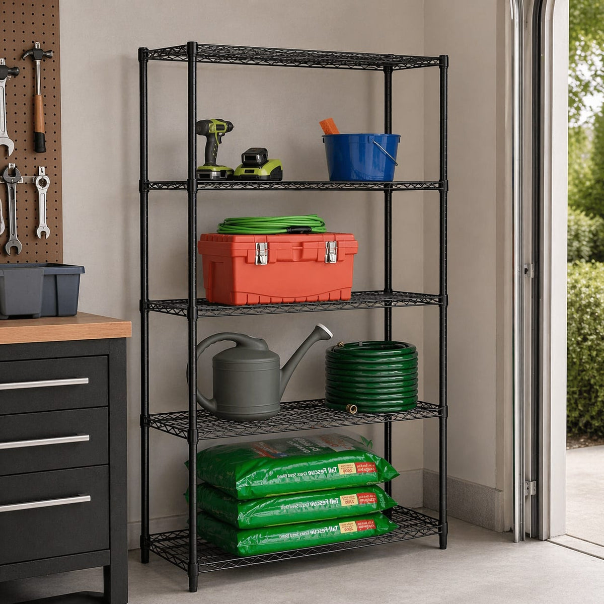 Black 5-Tier Adjustable Shelving Unit with 800-lb Shelf Capacity