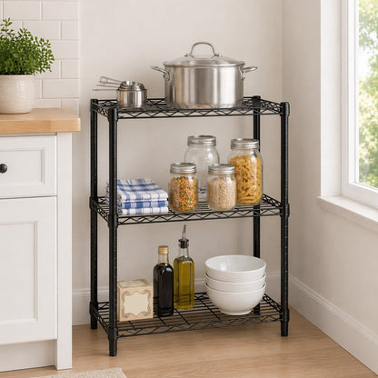 Black 3-Tier Heavy-Duty Adjustable Shelving Unit