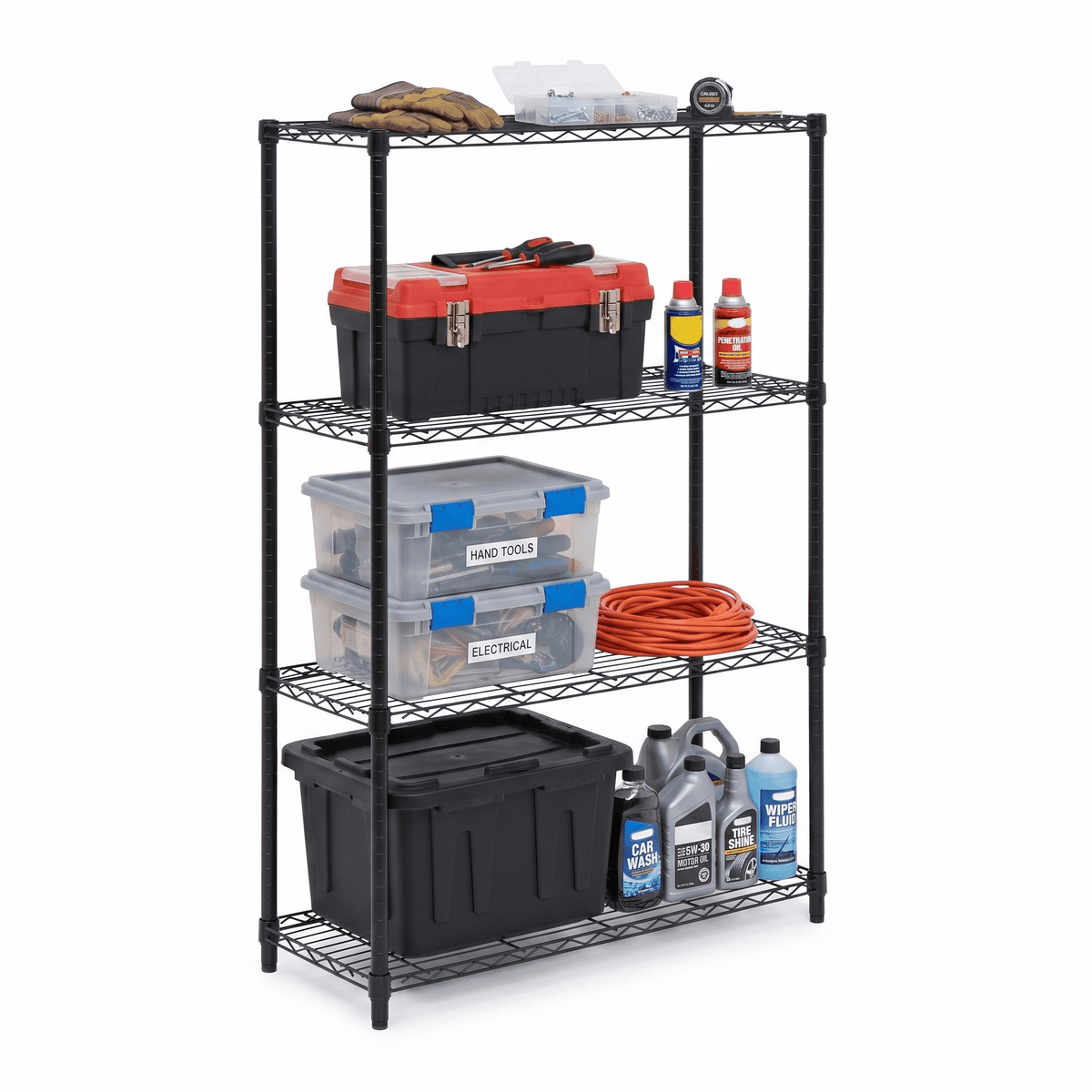 Black 4-Tier Heavy-Duty Shelving Unit with 250-lb Shelf Capacity