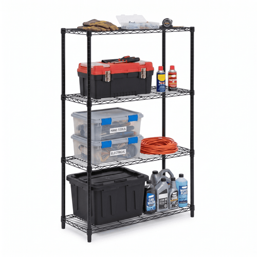 Black 4-Tier Heavy-Duty Shelving Unit with 250-lb Shelf Capacity
