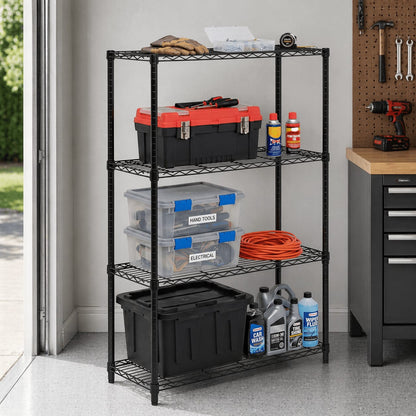 Black 4-Tier Heavy-Duty Shelving Unit with 250-lb Shelf Capacity