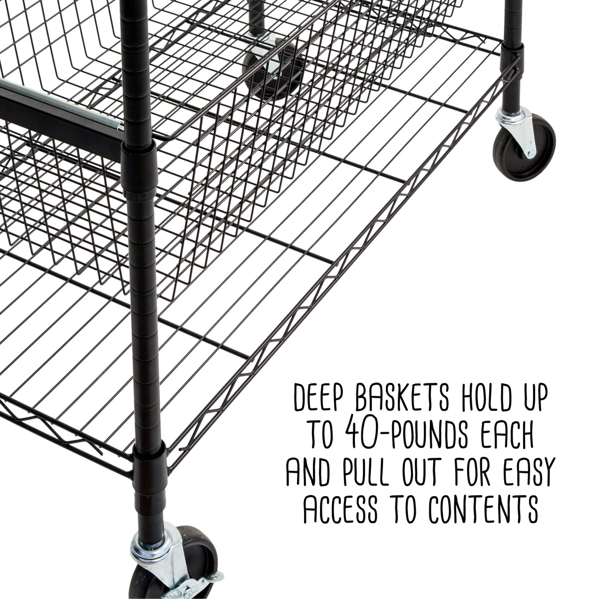 Black Rolling Adjustable Garage Shelving Unit with 3 Pull-Out Baskets