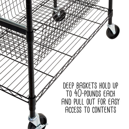 Black Rolling Adjustable Garage Shelving Unit with 3 Pull-Out Baskets