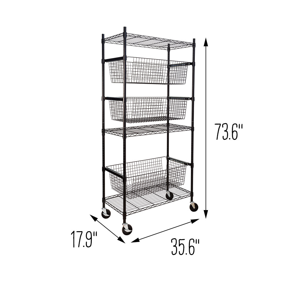 Black Rolling Adjustable Garage Shelving Unit with 3 Pull-Out Baskets