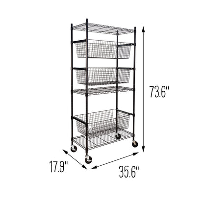 Black Rolling Adjustable Garage Shelving Unit with 3 Pull-Out Baskets