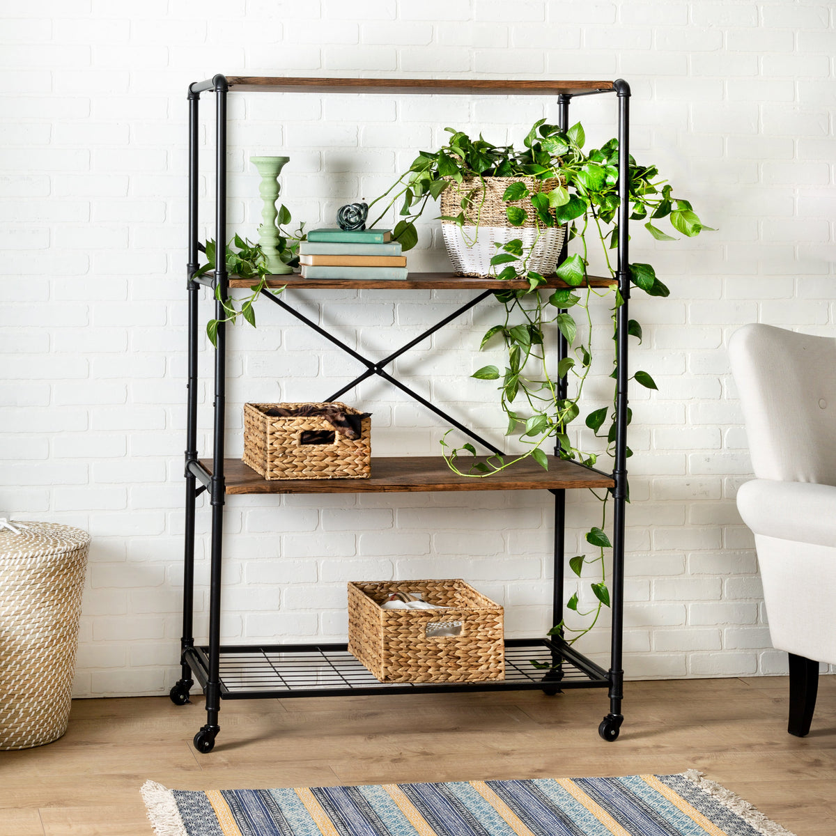 Black/Brown 4-Tier Industrial Rolling Bookshelf