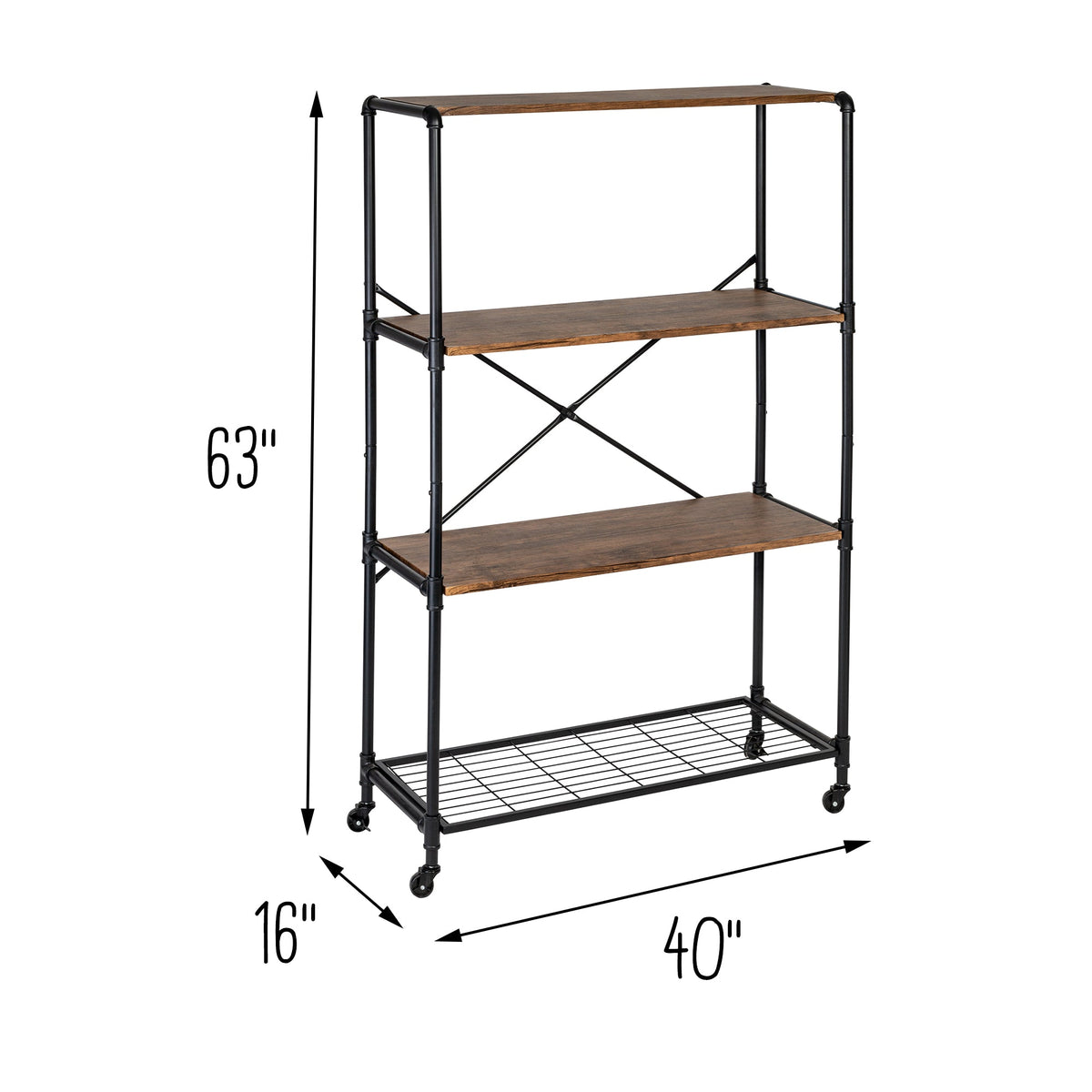 Black/Brown 4-Tier Industrial Rolling Bookshelf