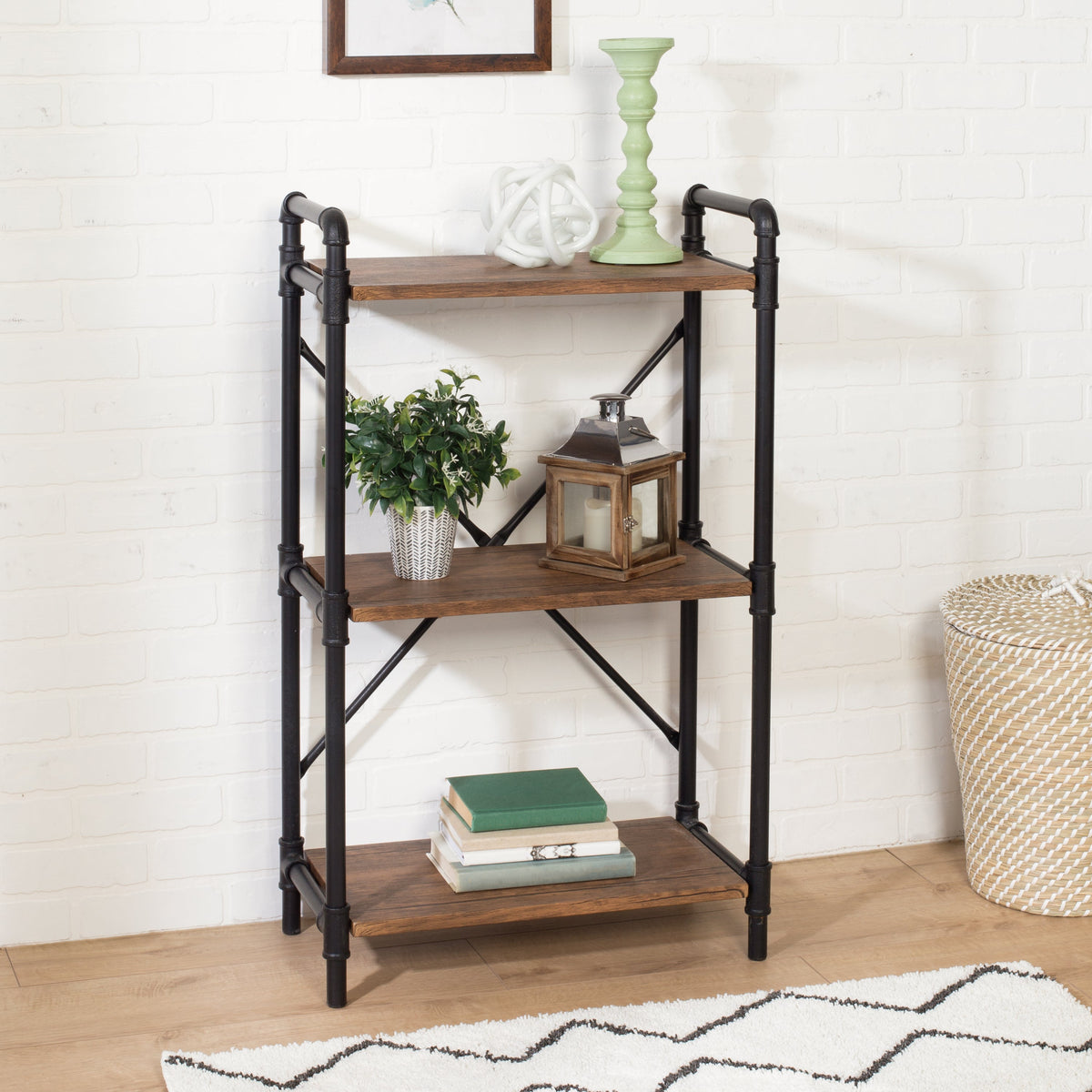 Black/Rustic 3-Tier Industrial Bookshelf