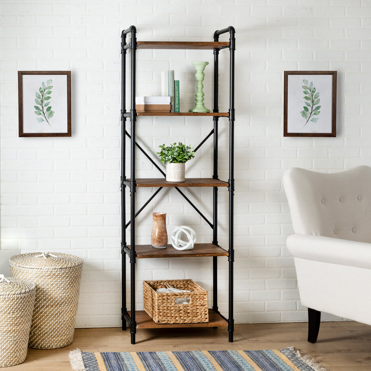 Black/Rustic 5-Tier Industrial Bookshelf