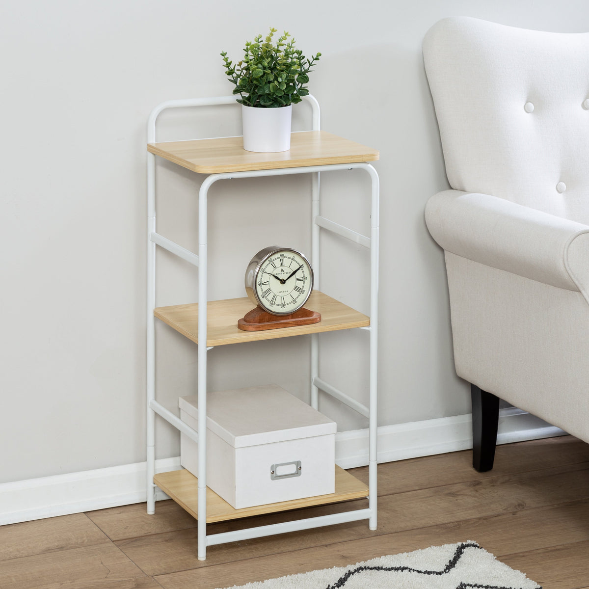 White/Natural 3-Tier Small Wood and Metal Shelf