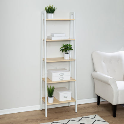 Natural/White 5-Tier Wood and Metal A-Frame Ladder Shelf