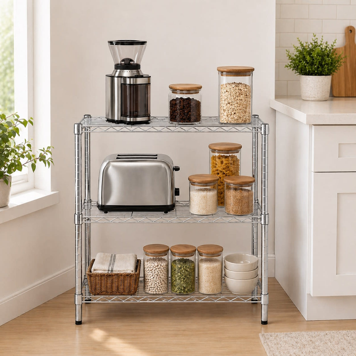 Chrome 3-Tier Adjustable Shelving Unit with 200-lb Shelf Capacity