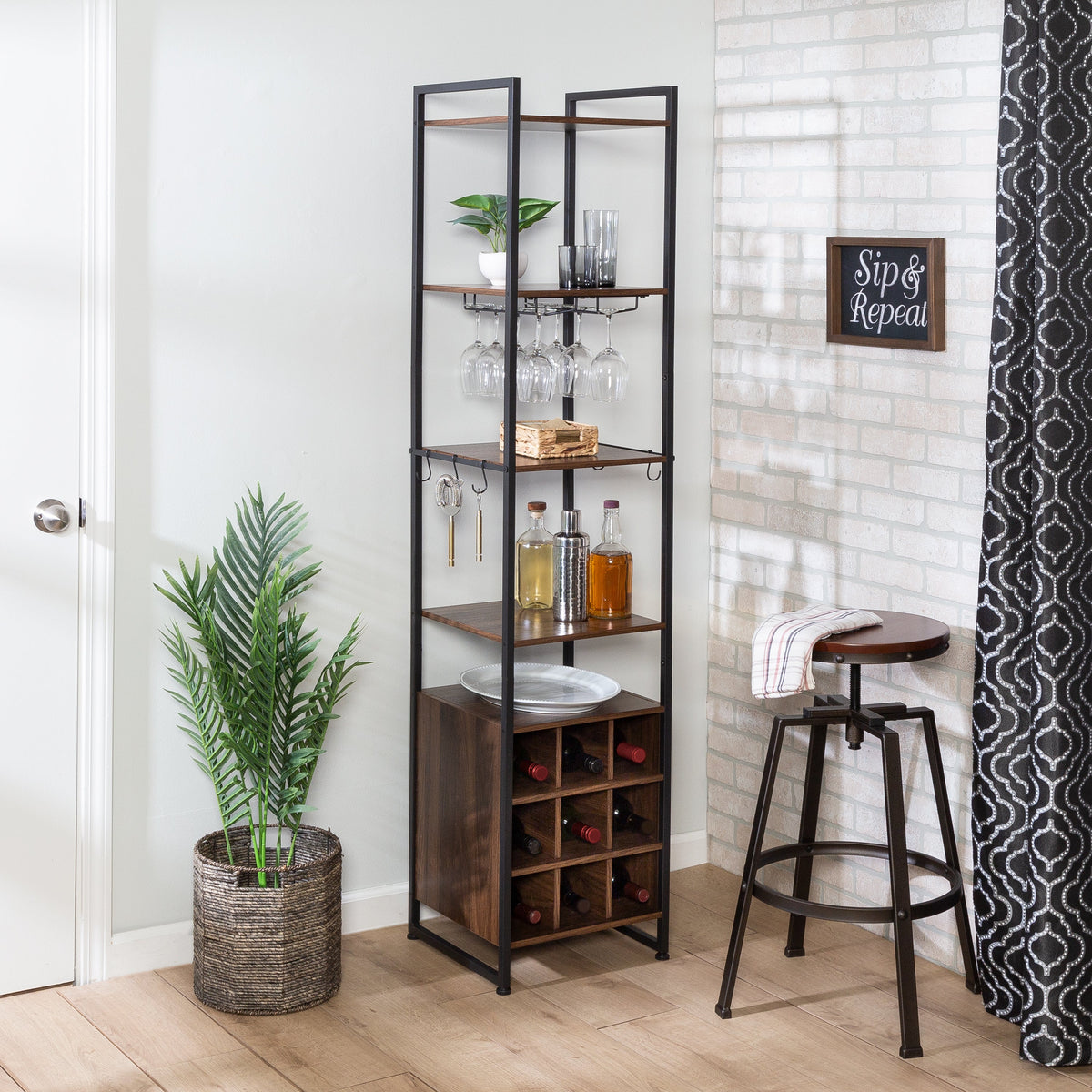 Black/Walnut Wine and Bar Storage Tower