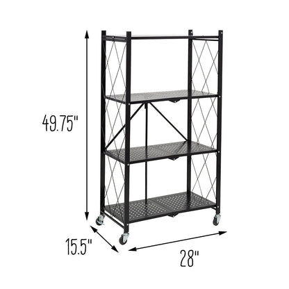 Black Folding 4-Tier Metal Rolling Shelf