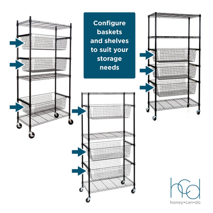 Black Rolling Adjustable Garage Shelving Unit with 3 Pull-Out Baskets