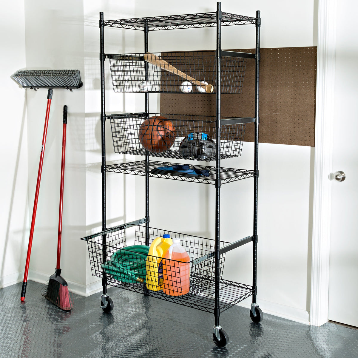 Black Rolling Adjustable Garage Shelving Unit with 3 Pull-Out Baskets