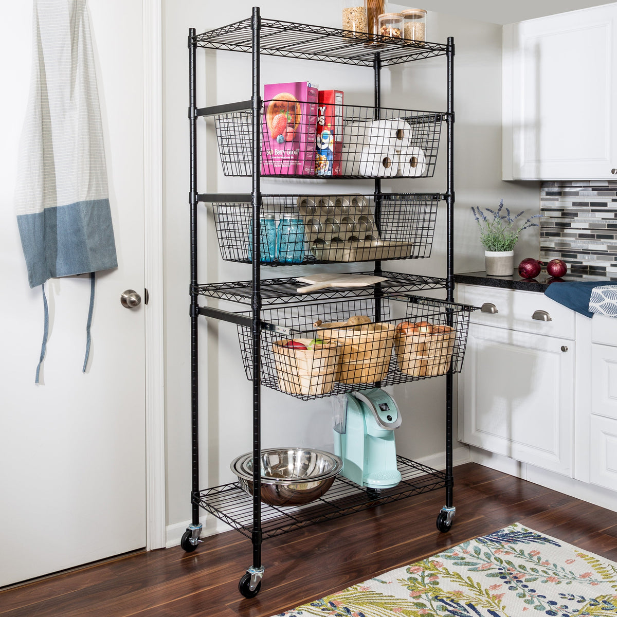 Black Rolling Adjustable Garage Shelving Unit with 3 Pull-Out Baskets
