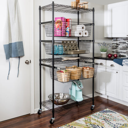 Black Rolling Adjustable Garage Shelving Unit with 3 Pull-Out Baskets