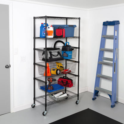 Black Rolling Adjustable Garage Shelving Unit with 3 Pull-Out Baskets