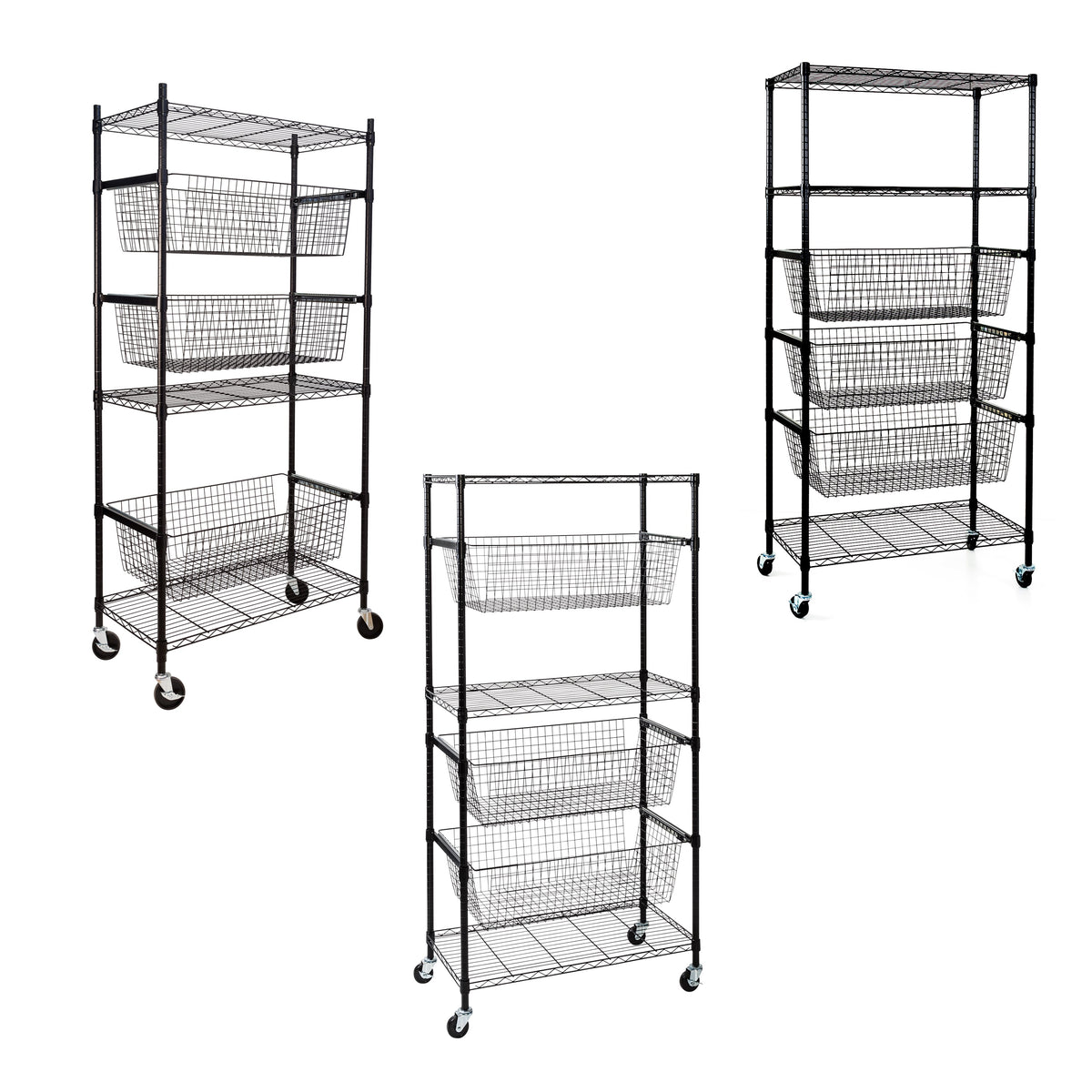 Black Rolling Adjustable Garage Shelving Unit with 3 Pull-Out Baskets
