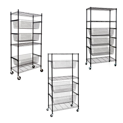 Black Rolling Adjustable Garage Shelving Unit with 3 Pull-Out Baskets