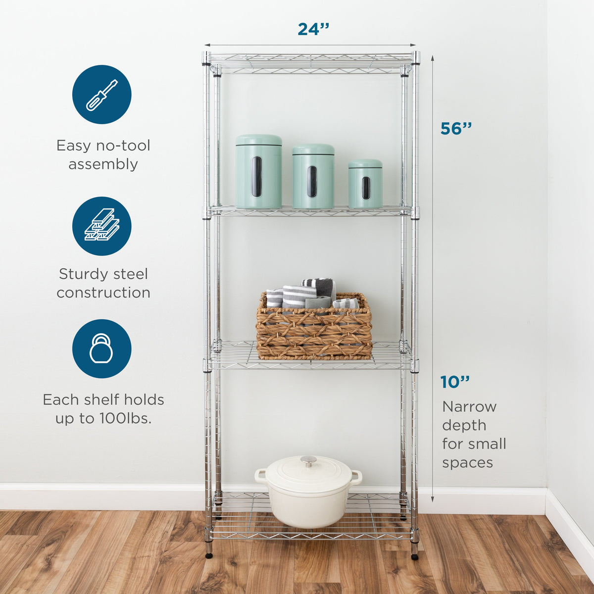 Chrome Steel 4-Tier Slim Profile Shelving Unit