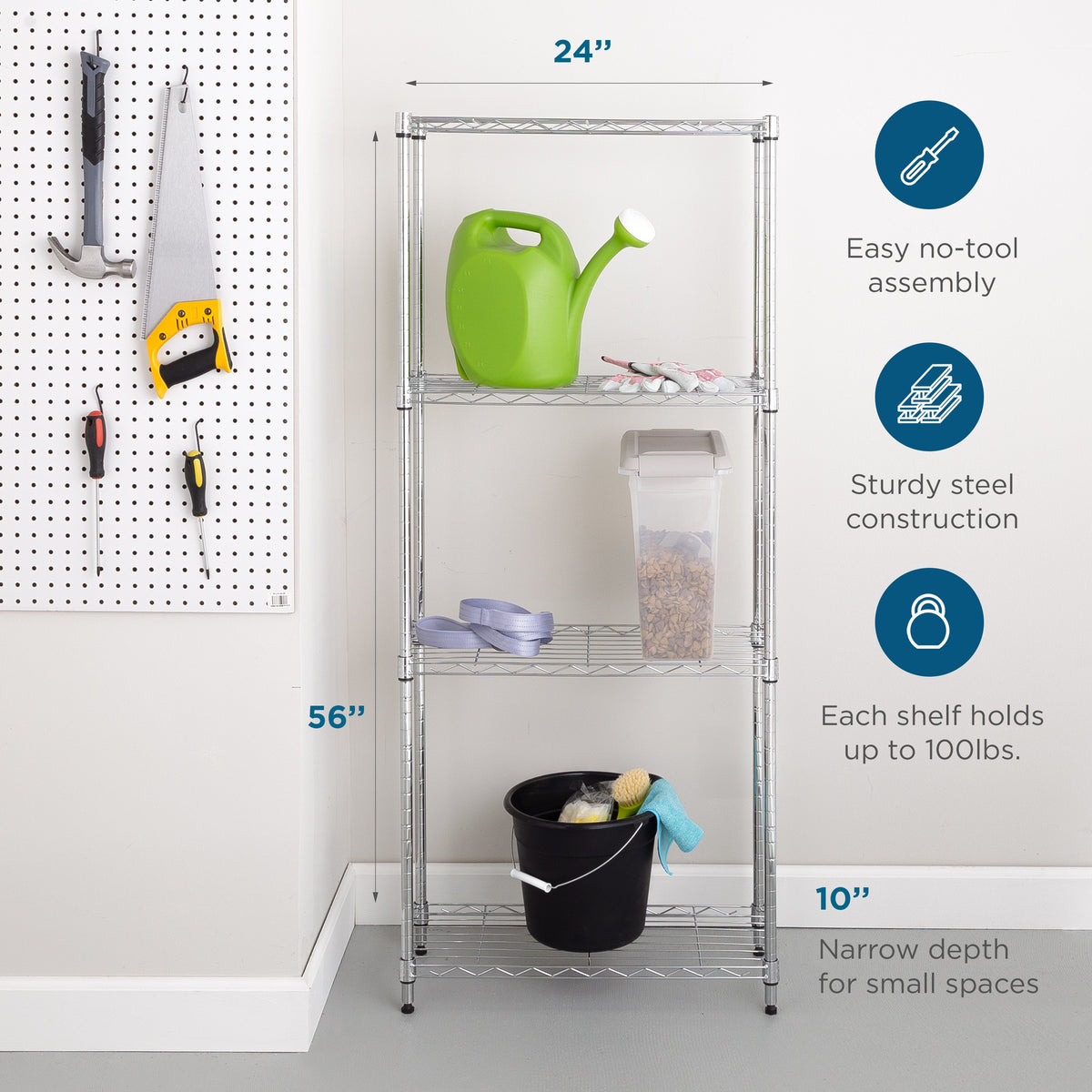 Chrome Steel 4-Tier Slim Profile Shelving Unit