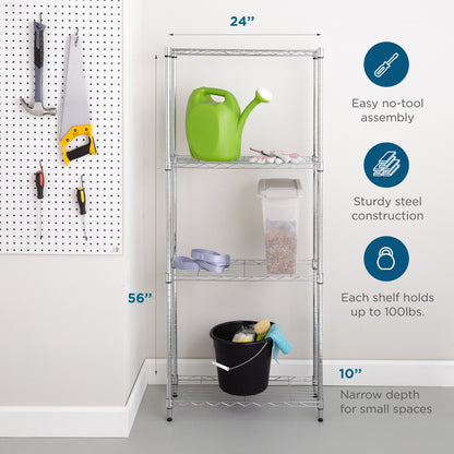 Chrome Steel 4-Tier Slim Profile Shelving Unit