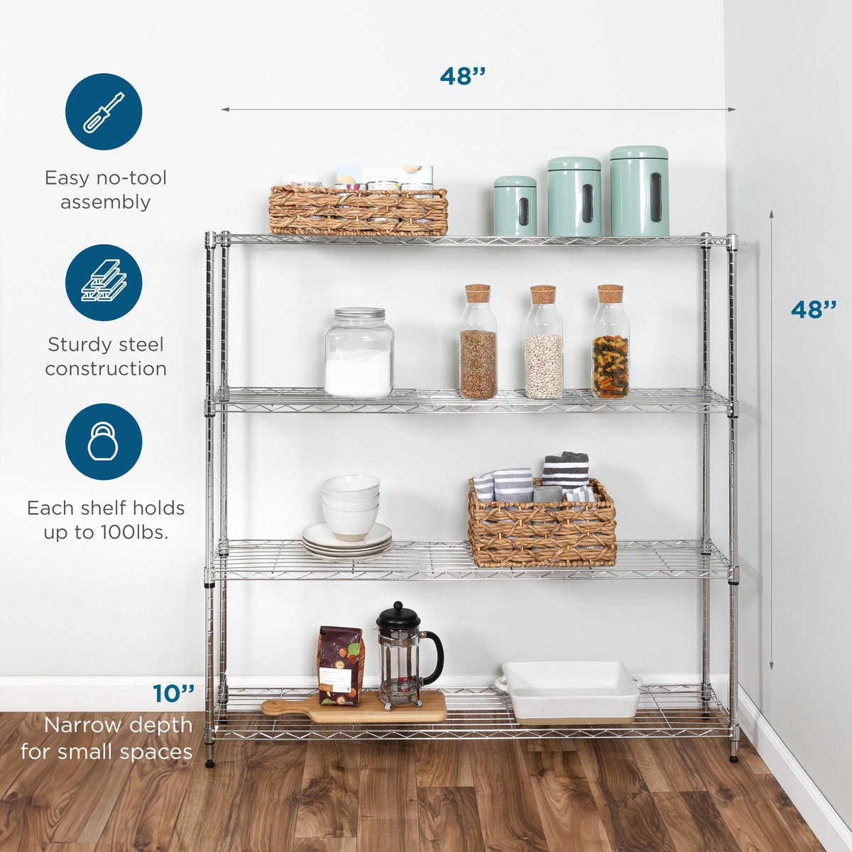 Chrome Steel 4-Tier Slim Profile Wide Shelving Unit