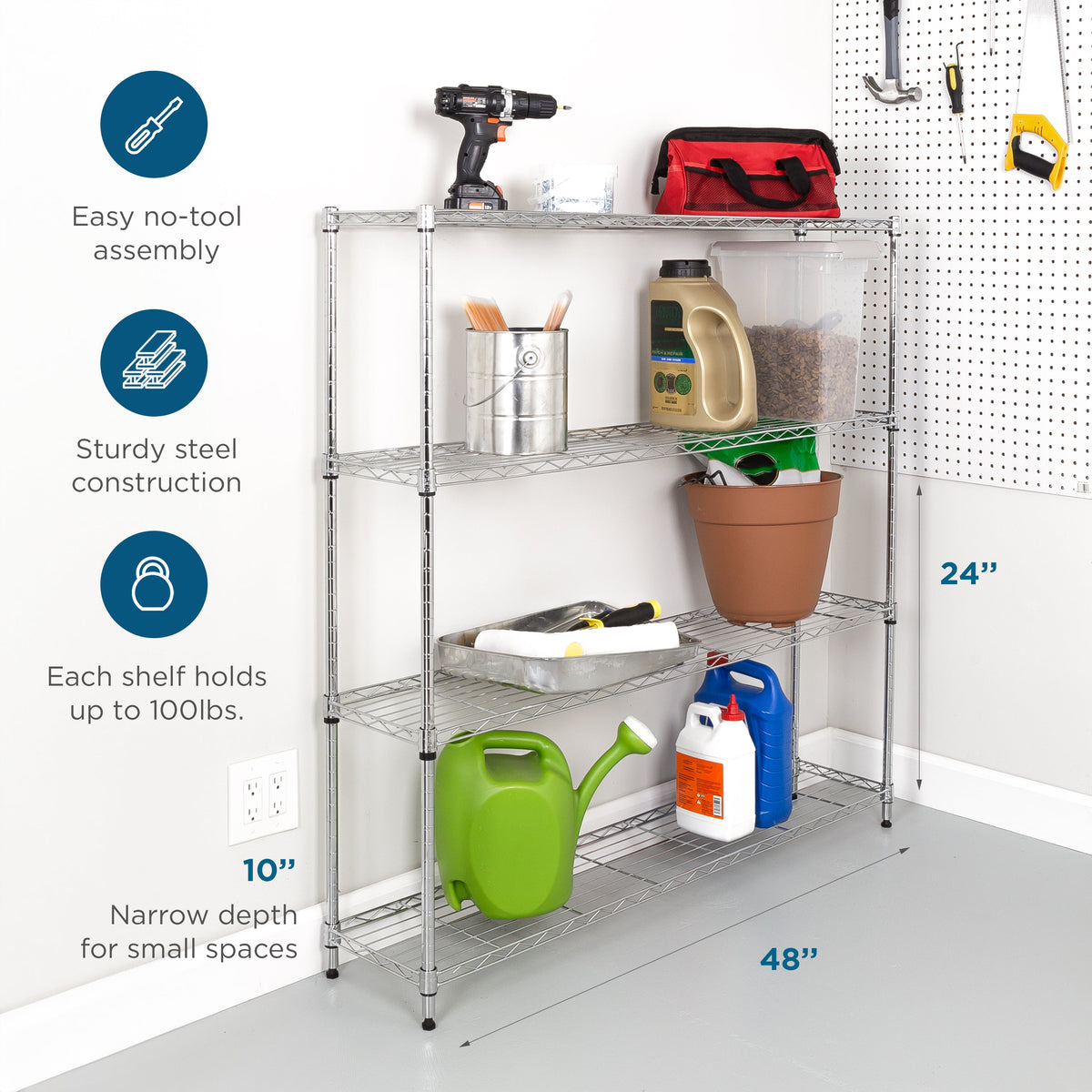 Chrome Steel 4-Tier Slim Profile Wide Shelving Unit