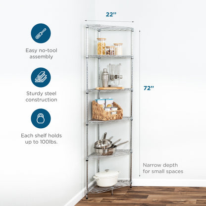 Chrome Steel 6-Tier Compact Corner Shelving Unit