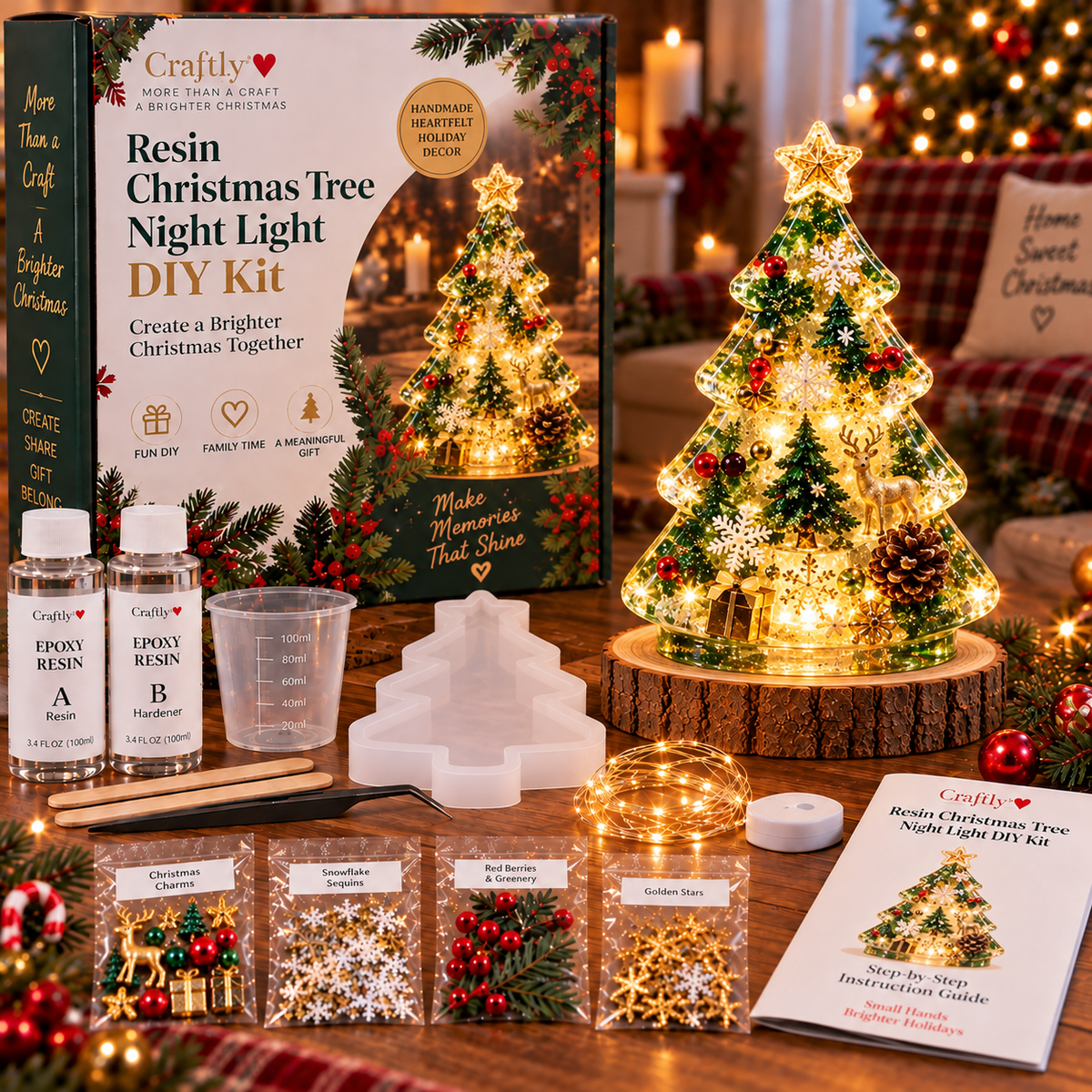 🎄 ✨ Last Day 70% OFF –Beginner-Friendly Resin Christmas Tree Night Light DIY Kit | Complete Kit with Mold, Resin, Fairy Lights & Festive Decorations ✨