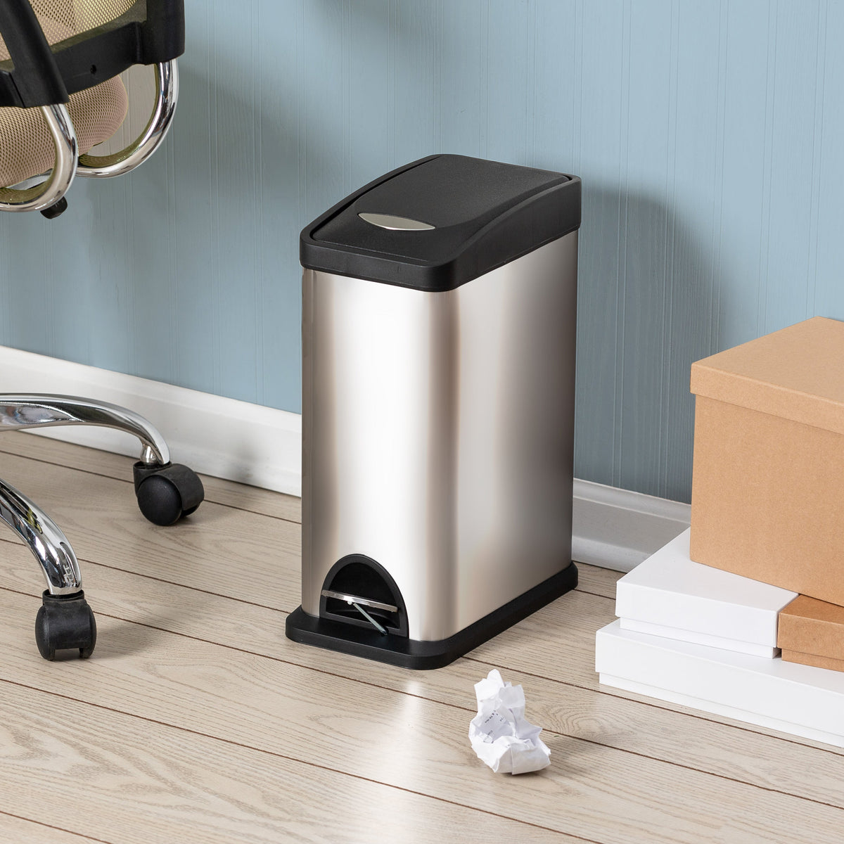 Silver/Black 8L Stainless Steel Rectangular Step Trash Can