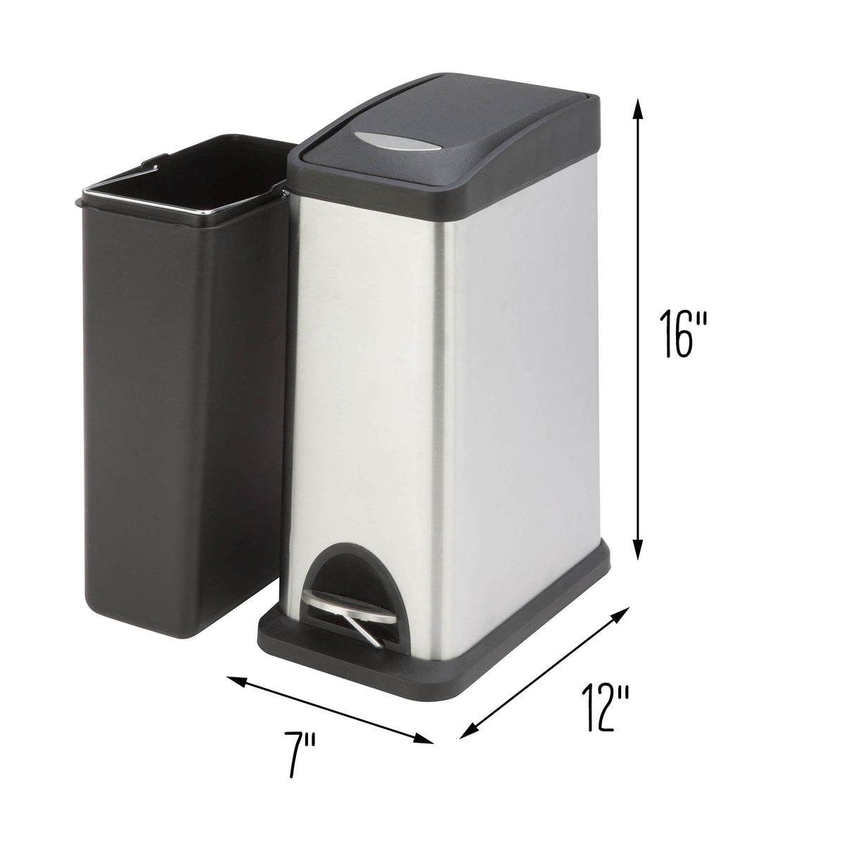 Silver/Black 8L Stainless Steel Rectangular Step Trash Can