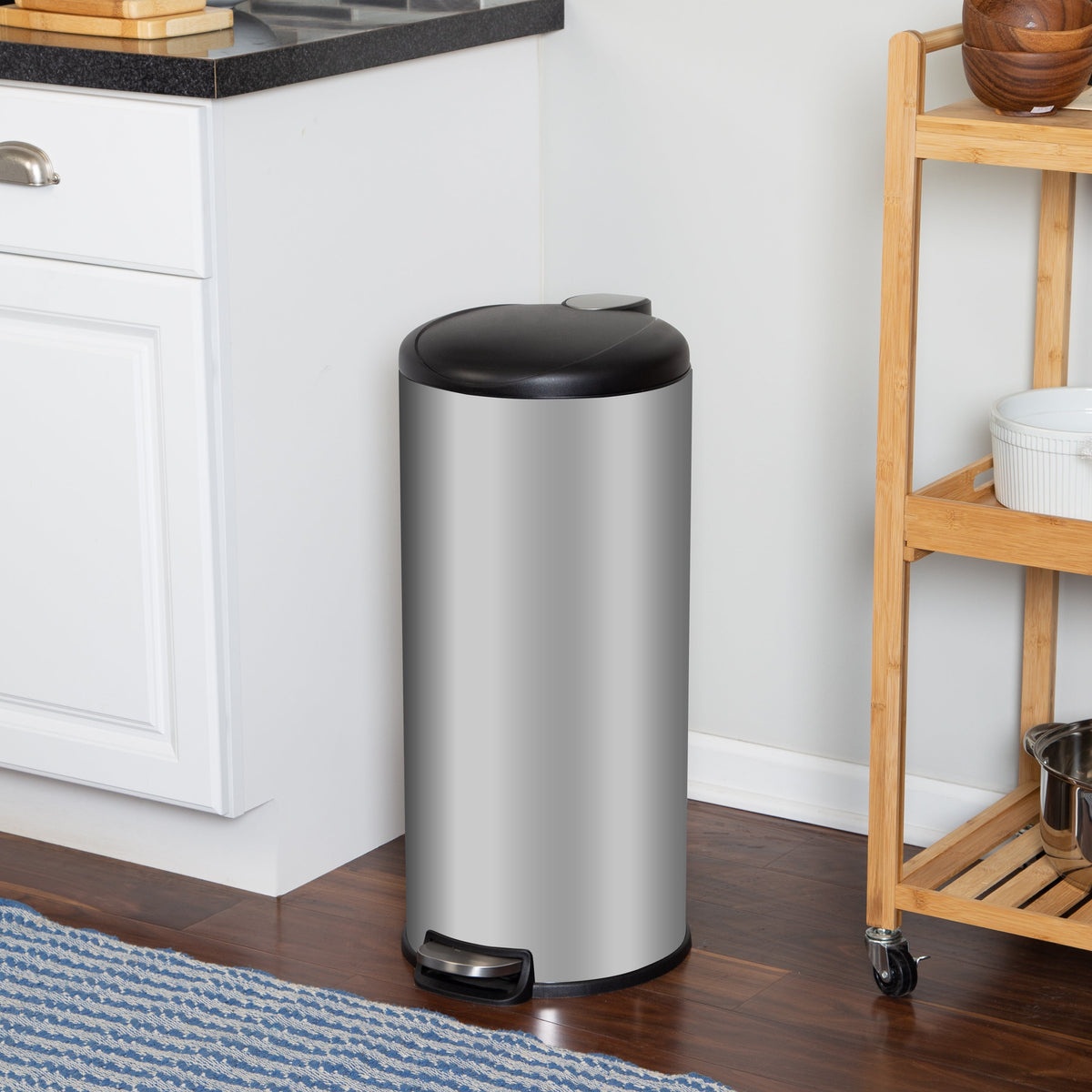 Silver 30L Stainless Steel Round Soft-Close Step Trash Can