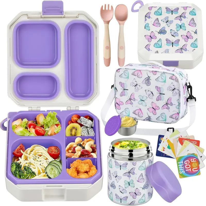 Kids Bento Lunch Box Set – 5-Compartment Leak-Proof Food Container with 12oz Insulated Food Jar & Lunch Bag, Portable School Meal Set for Boys & Girls