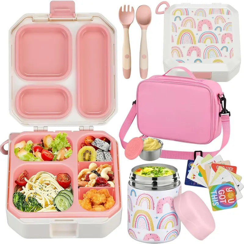 Kids Bento Lunch Box Set – 5-Compartment Leak-Proof Food Container with 12oz Insulated Food Jar & Lunch Bag, Portable School Meal Set for Boys & Girls