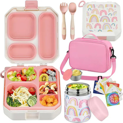 Kids Bento Lunch Box Set – 5-Compartment Leak-Proof Food Container with 12oz Insulated Food Jar & Lunch Bag, Portable School Meal Set for Boys & Girls