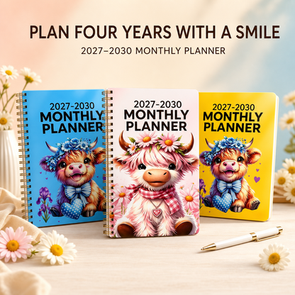 🔥 PLAN AHEAD & SAVE! — 2027–2030 Highland Cow Monthly Planner 🐮📅 | 4-Year Spiral Calendar