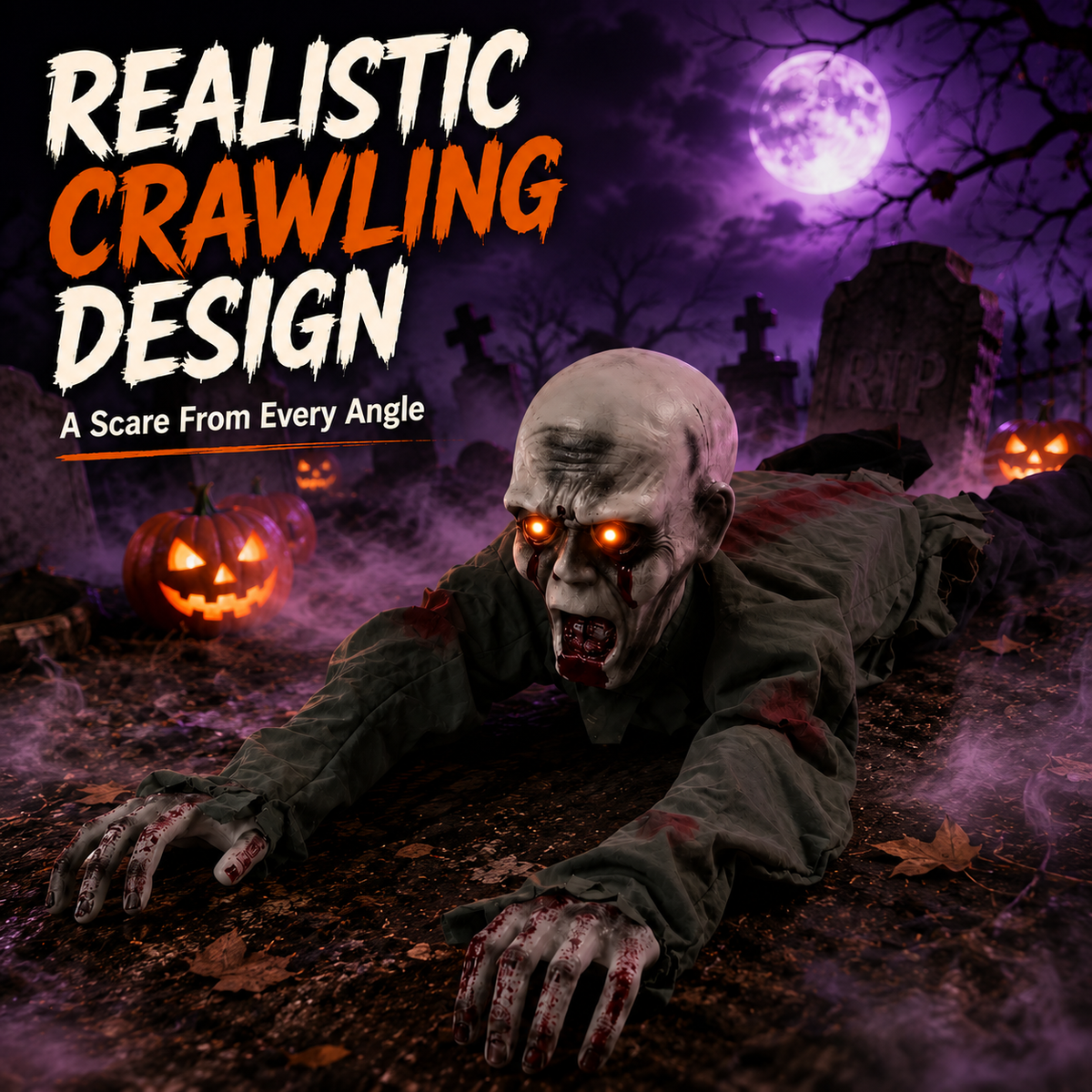 🧟 Animated Crawling Zombie Prop  – Sound-Activated Scare With Red Eyes 🎃