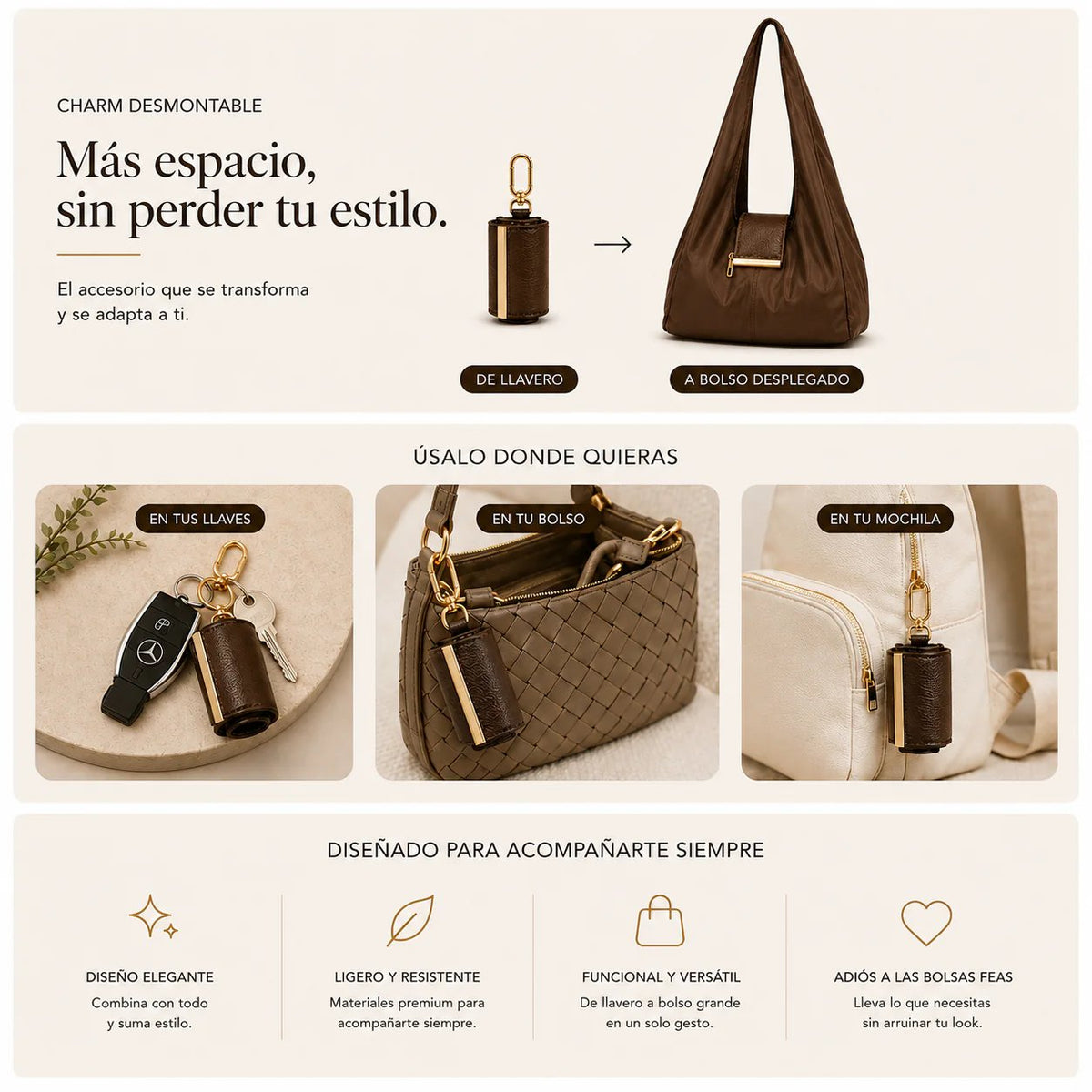 🔥Varelli Charm Transformable Bag – Stylish Vegan Leather Tote & Keychain Charm