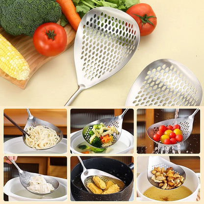 📢📢40% OFF !! ⏰ Stainless Steel Skimmer Spoon – Fast draining, heat-safe & versatile – Perfect for frying, soups & pasta 🍳