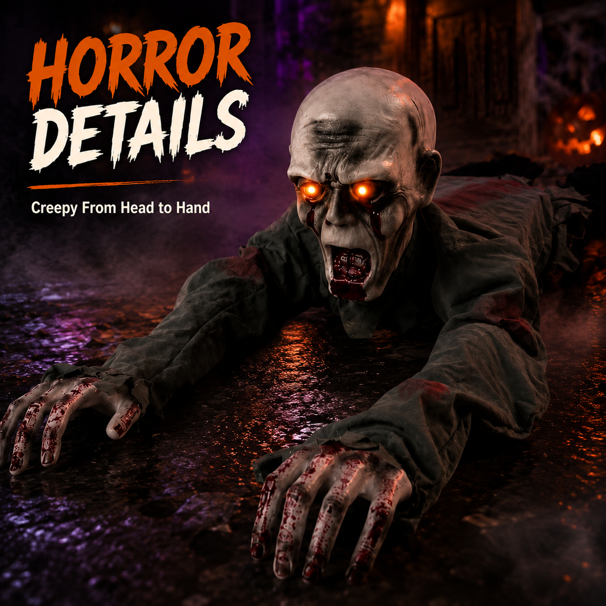 🧟 Animated Crawling Zombie Prop  – Sound-Activated Scare With Red Eyes 🎃