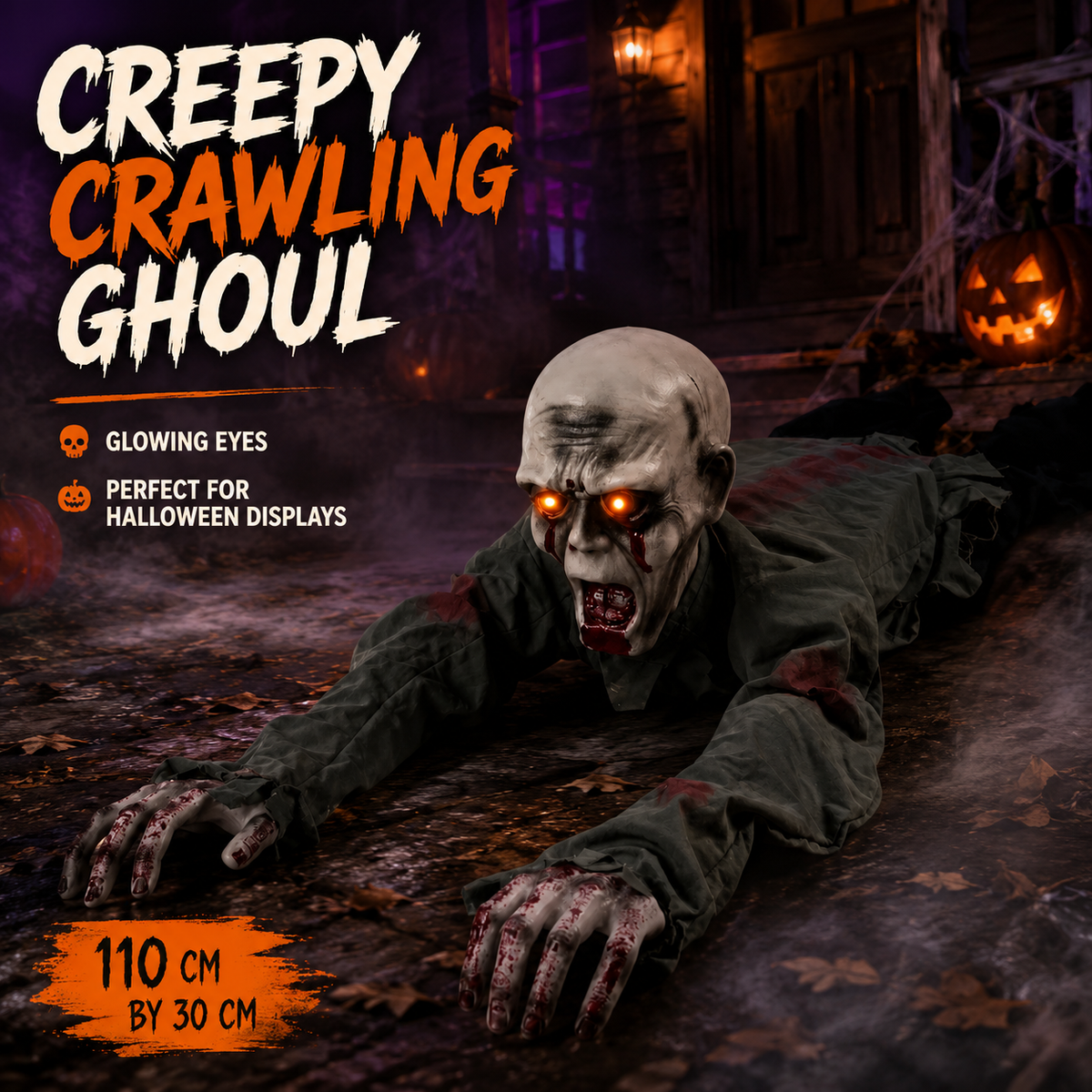 🧟 Animated Crawling Zombie Prop  – Sound-Activated Scare With Red Eyes 🎃