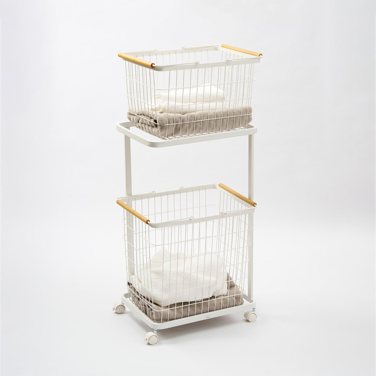 Rolling Laundry Cart + Wire Baskets (38" H)  - Steel + Wood