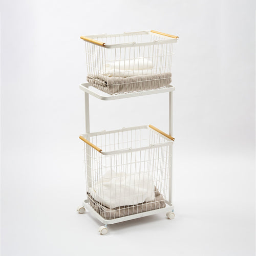 Rolling Laundry Cart + Wire Baskets (38" H)  - Steel + Wood