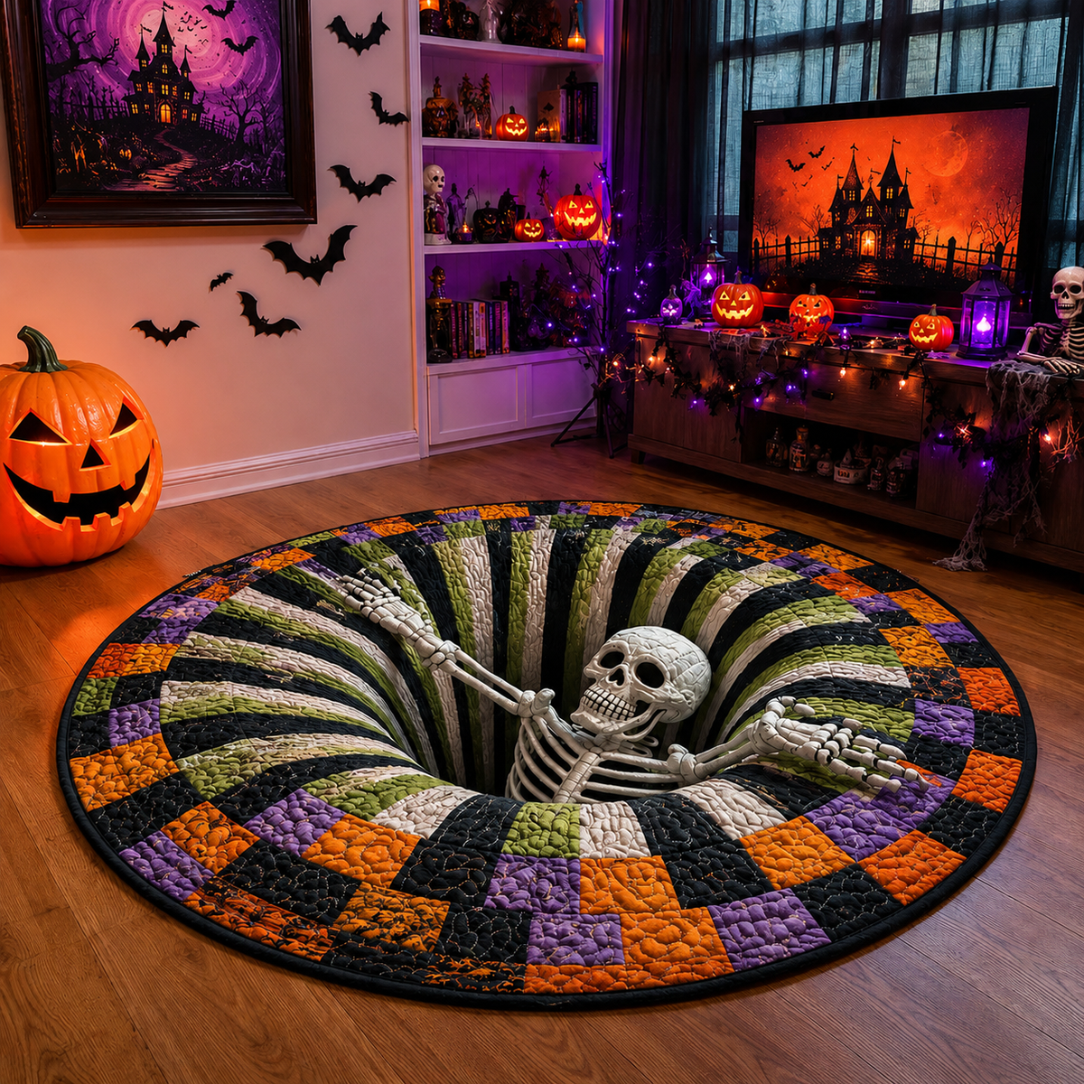 🔥 Limited time 55% OFF🎃3D Skeleton Vortex Quilted Round Halloween Rug